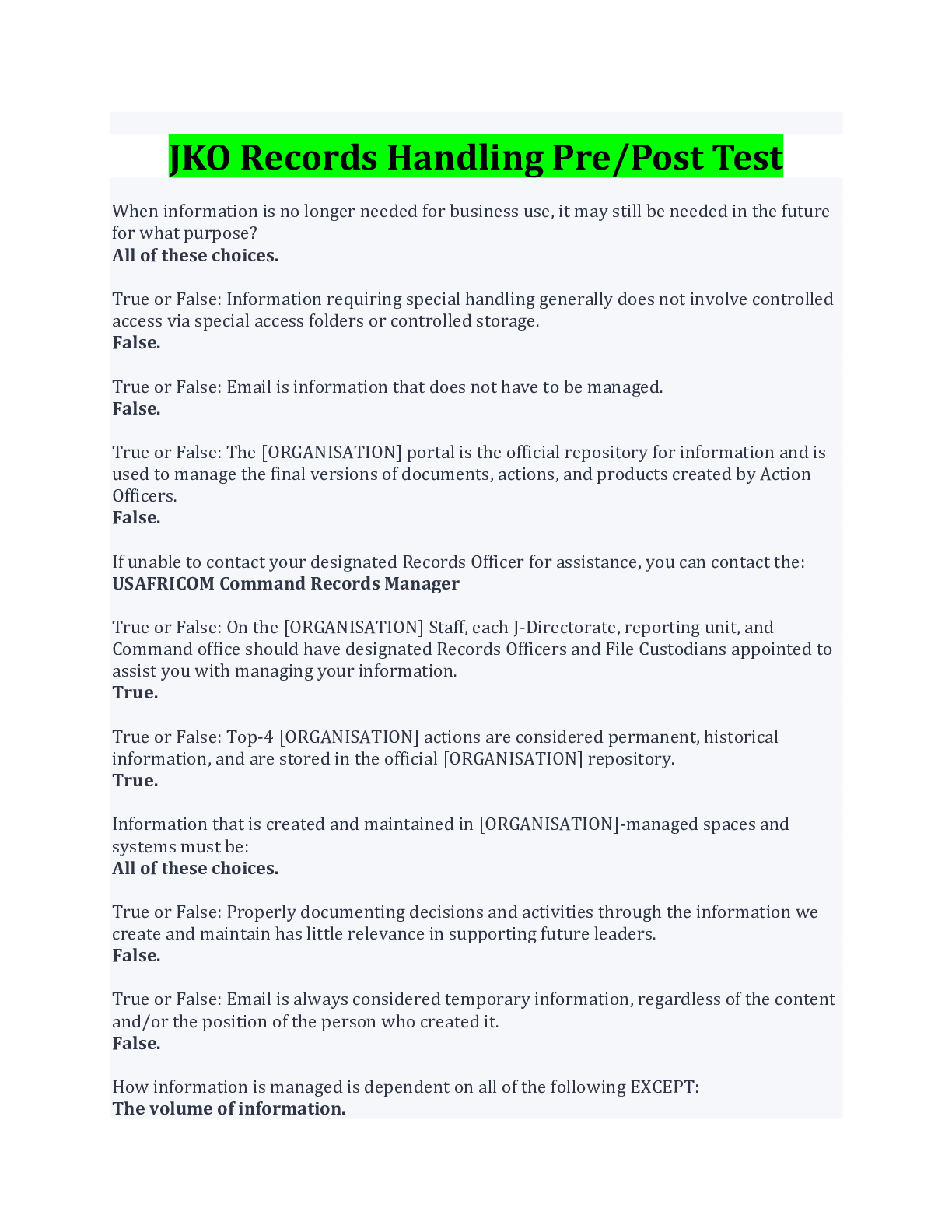 Preview image for JKO Records Handling Pre/Post Test Questions And Answers 2022/2023